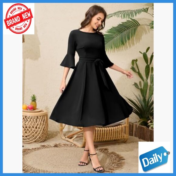 Midi Formal Dress Bell Sleeve Vintage Wedding Guest Church Cocktail - Picture 2 of 7